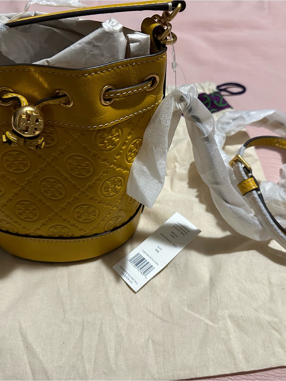 Tory Burch Yellow Patent Leather Mini Bucket Bag with Embossed Logo - Picture 6 of 7